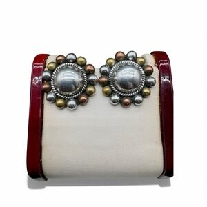 Taxco Mexico TP-05 Sterling Silver Mixed Metal Beaded Dome Clip-On Earrings Vtg